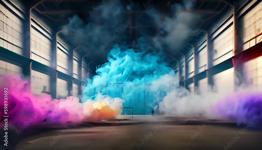 A single firefly flits through the empty warehouse, its light like a tiny beacon in the darkness. The air is filled with clouds of colored smoke, creating a surreal and dreamlike atmosphere. 