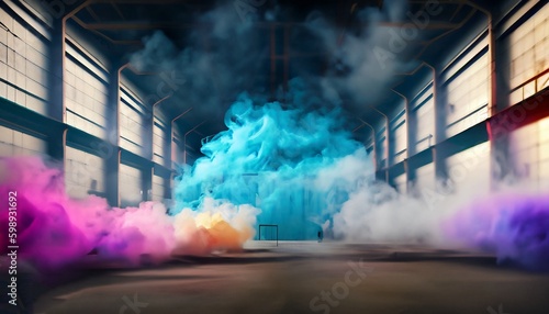 A single firefly flits through the empty warehouse, its light like a tiny beacon in the darkness. The air is filled with clouds of colored smoke, creating a surreal and dreamlike atmosphere.  © wanchalerm