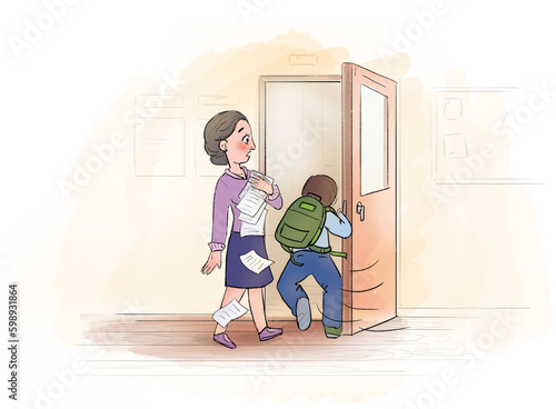 children and elder relationships etiquettes at school illustration (ID: 598931864)