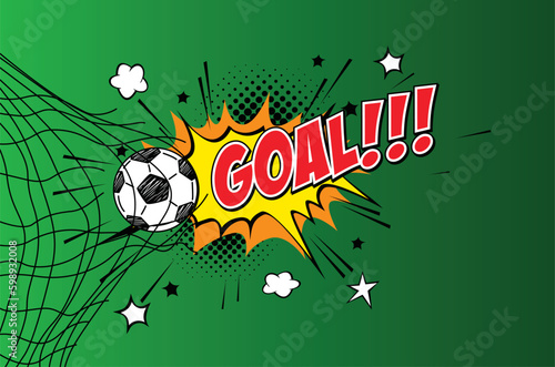 Soccer ball in the goal with a white net on a green background.Vector illustration.