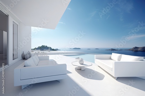 Luxury apartment terrace Santorini Interior of modern living room sofa or couch with beautiful sea view. Generative AI © AKKA