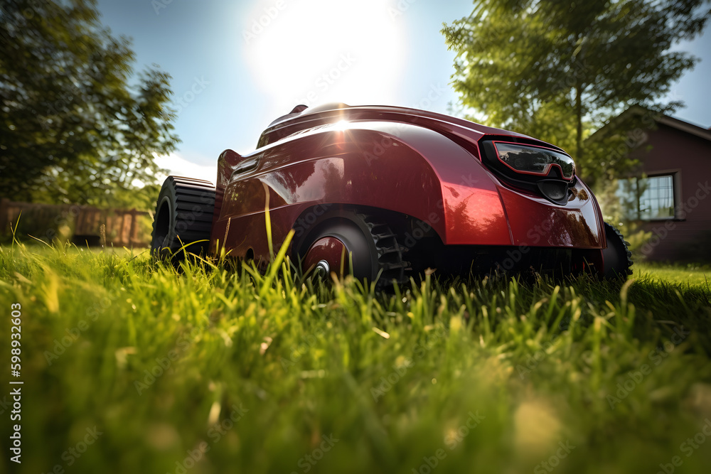 Robot lawnmower on grass, Generative AI Robot lawnmower on grass, Generative AI