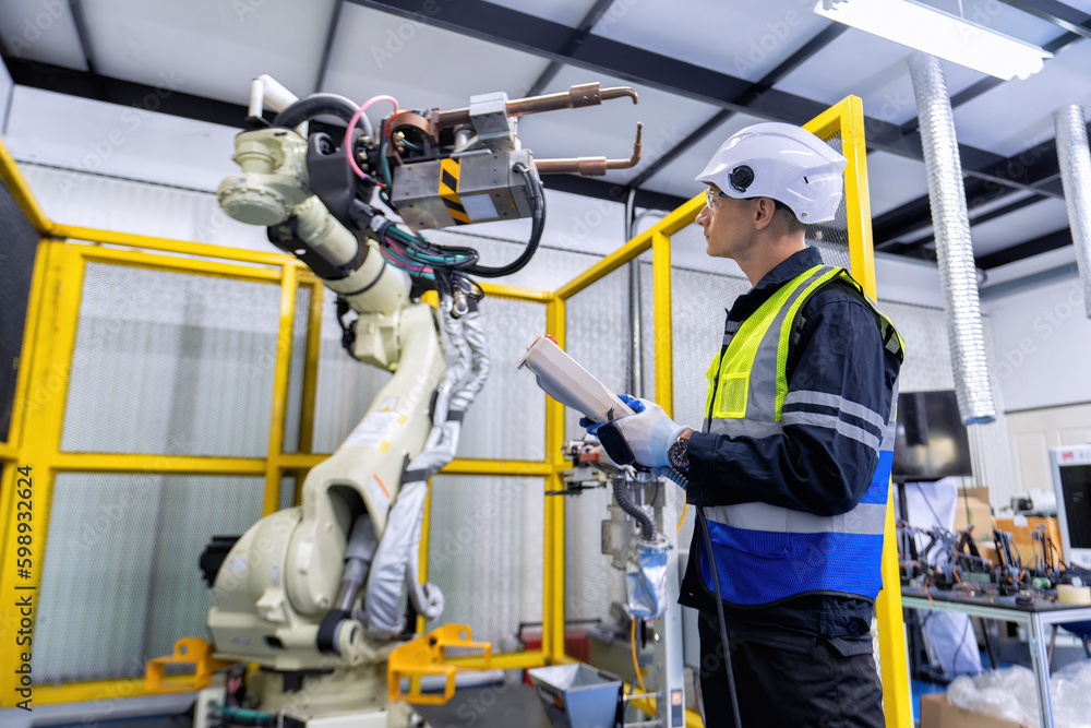 Engineer service robot welding in factory software programming operation test and commissioning Engineer service robot welding in factory software programming operation test and commissioning