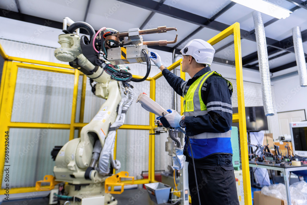 Engineer service robot welding in factory software programming operation test and commissioning Engineer service robot welding in factory software programming operation test and commissioning