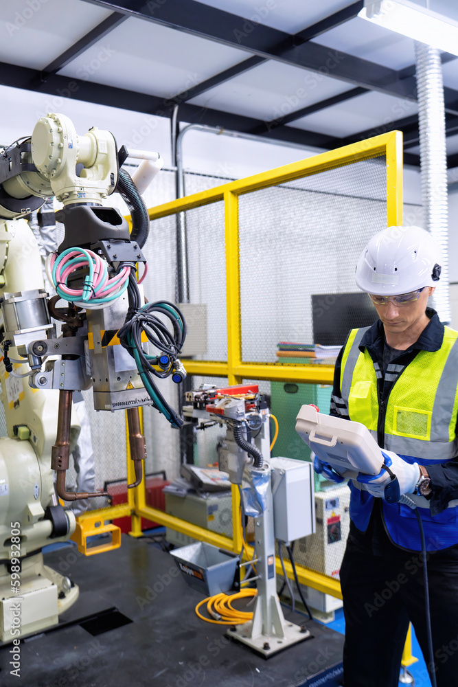 Engineer service robot welding in factory software programming operation test and commissioning Engineer service robot welding in factory software programming operation test and commissioning