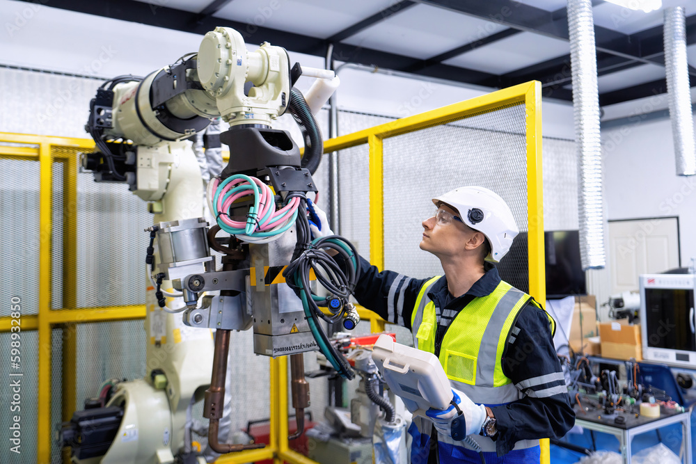 Engineer service robot welding in factory software programming operation test and commissioning Engineer service robot welding in factory software programming operation test and commissioning