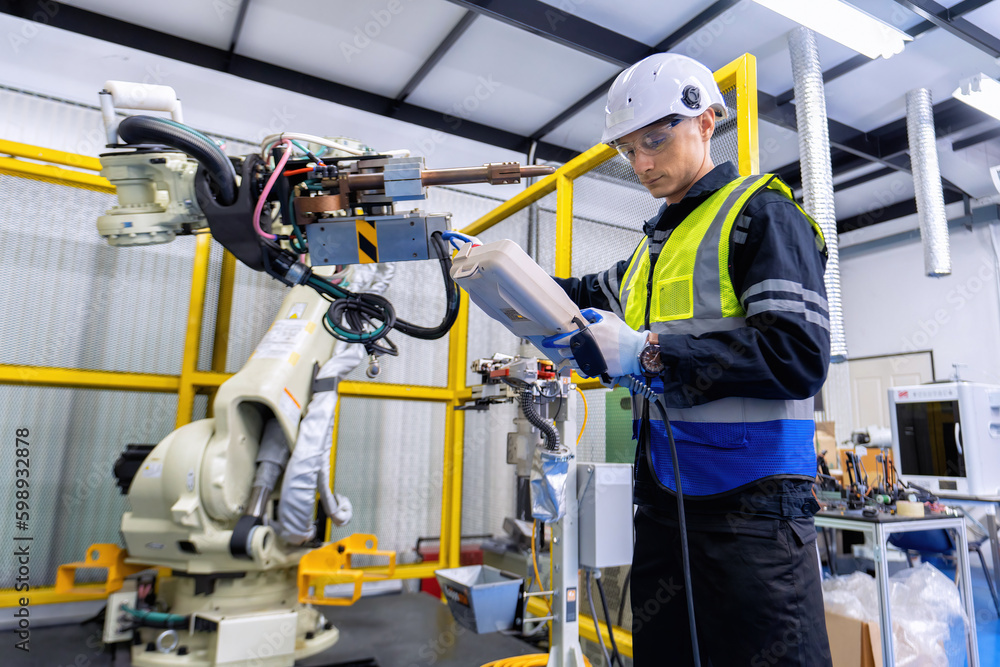 Engineer service robot welding in factory software programming operation test and commissioning Engineer service robot welding in factory software programming operation test and commissioning