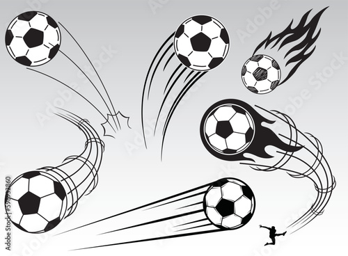 Footballs or soccer balls set in black and white with various motion trails, vector illustration