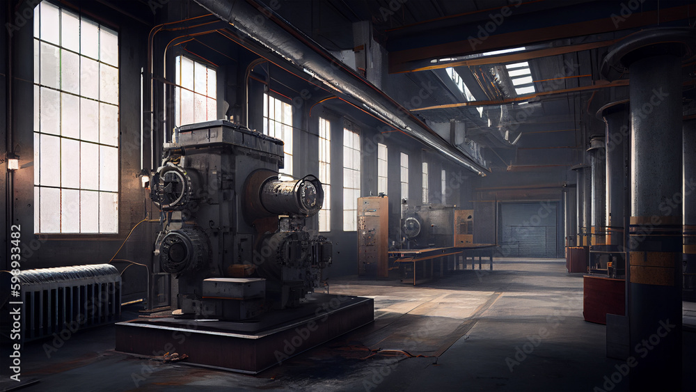 Factory machine interior furniture, vintage and classic Interior illustration with sun lights from windows. Generative AI.