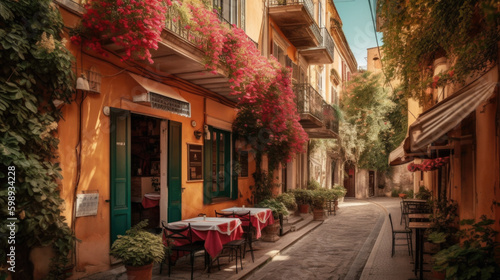 cozy little old street in summer in europe . Generative AI © jr-art