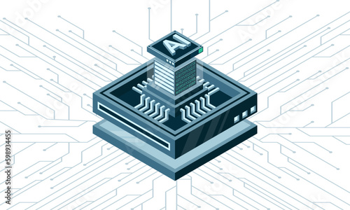 Artificial intelligence micro chip illustration. Quantum computing. Artificial intelligence computer. Isometric machine programming. Vector illustration