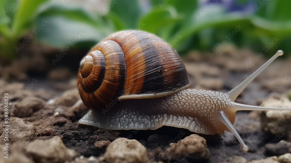 closeup of a snail in the garden. Generative AI closeup of a snail in the garden. Generative AI