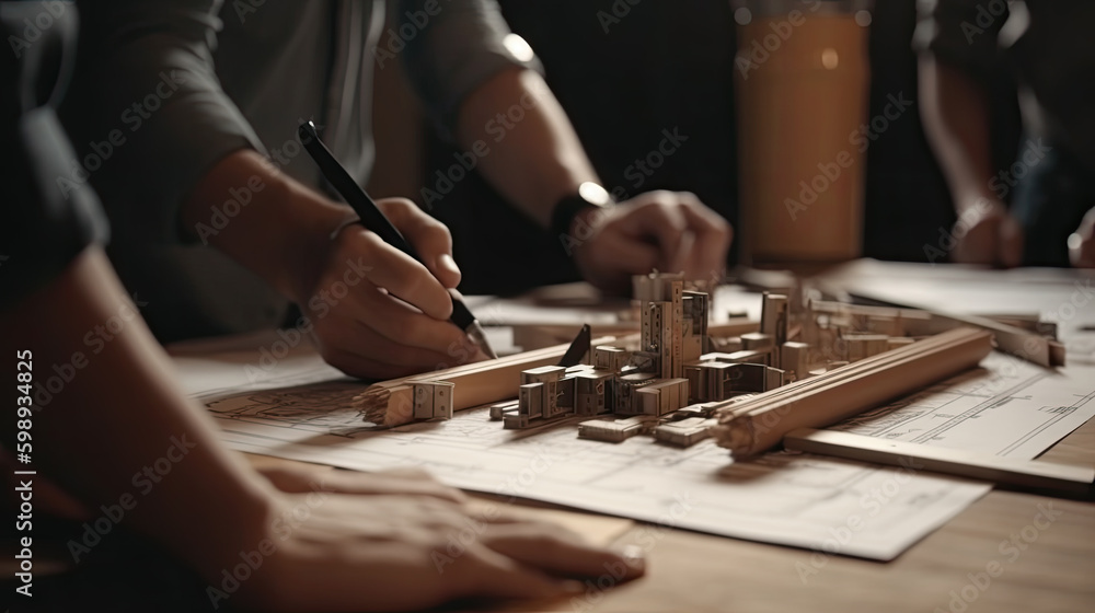 close-up of a table on which the architects are planning something. Generative AI