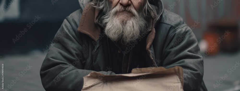 a homeless man is sitting on the street. Generative AI