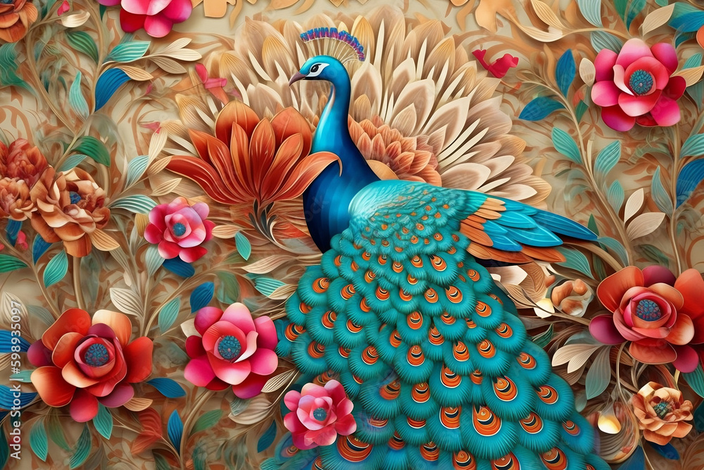 Elegant leather base combines bright color floral with exotic oriental pattern flowers and peacocks illustration background. 3d abstraction wallpaper for interior mural wall art decor 