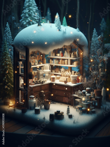 Mini Snow View Cabin,created with Generative AI tecnology. photo
