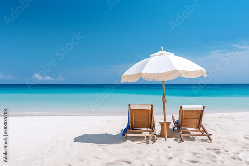 Beautiful beach banner. White sand  chairs and umbrella travel tourism wide panorama background concept. Amazing beach landscape 