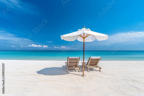 Beautiful beach banner. White sand  chairs and umbrella travel tourism wide panorama background concept. Amazing beach landscape 