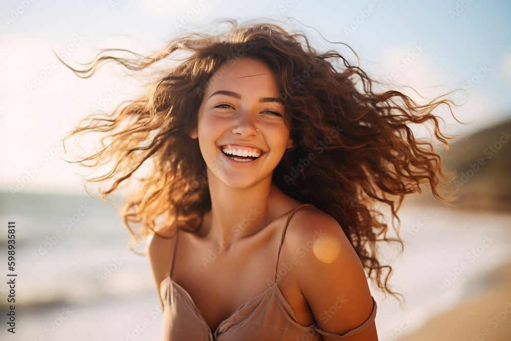 Happy beautiful young woman smiling at the beach side - Delightful girl enjoying sunny day out - Healthy lifestyle concept with female laughing outside Happy beautiful young woman smiling at the beach side - Delightful girl enjoying sunny day out - Healthy lifestyle concept with female laughing outside