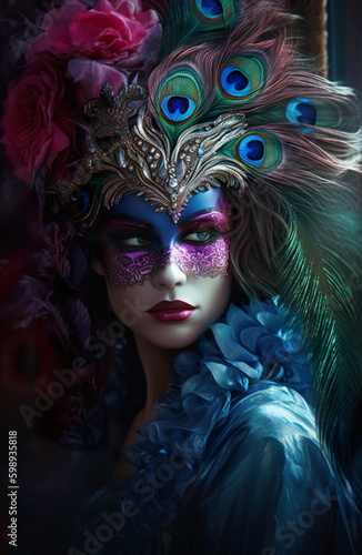 A woman wearing a peacock mask and feathers. AI generative.