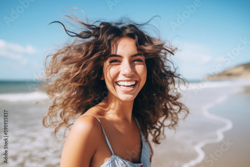 Happy beautiful young woman smiling at the beach side - Delightful girl enjoying sunny day out - Healthy lifestyle concept with female laughing outside