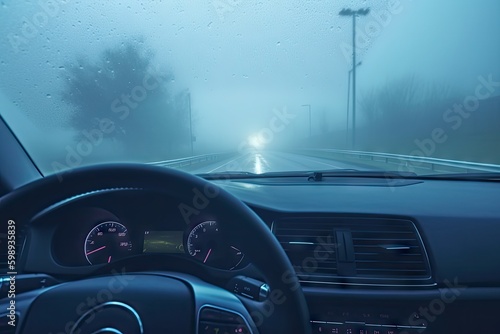 View empty dark night blue foggy misty rainy highway city road backlight red traces low poor visibility cold spring autumn season created with Generative AI technology