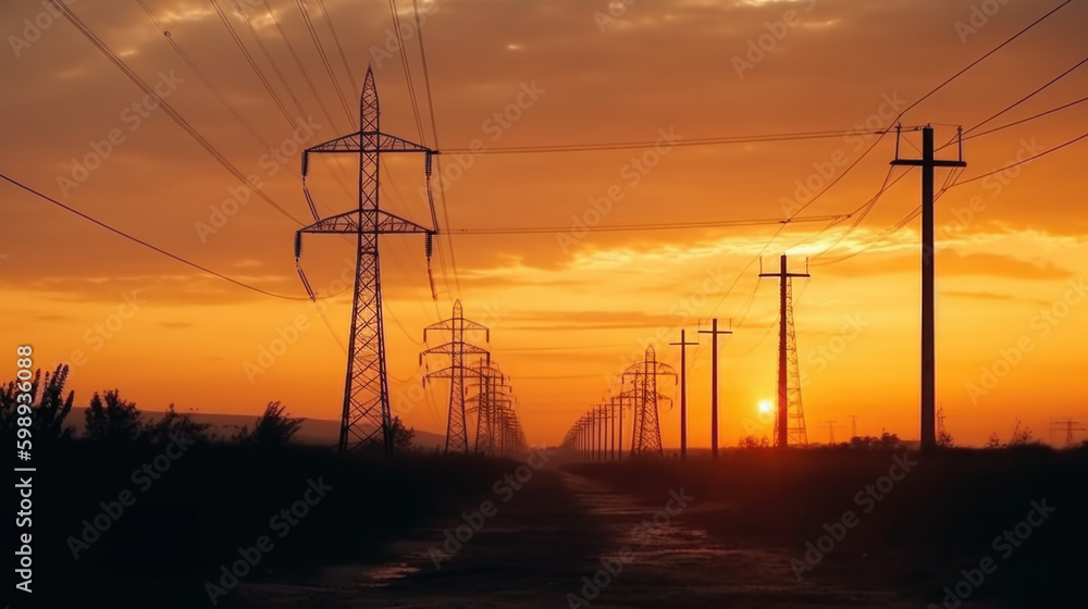 high voltage tower in sunset. Generative AI