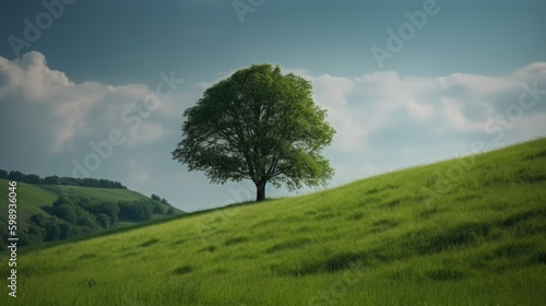 a green tree stands alone in a green meadow. Generative AI