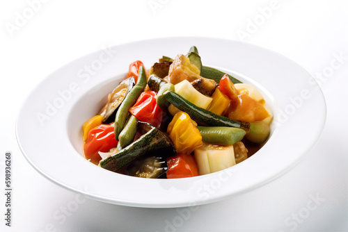 Pinakbet - a vegetable dish made with eggplant, bitter melon, squash, okra, and tomatoes, AI generative from Philippines, Filipino dish.