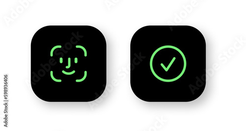 face id icon with check mark box icon with correct or accept. facial recognition and identification face scan line icon set, flat web sign symbol logo button. vector security concept
