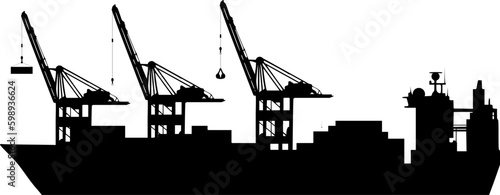 Silhouette - Containerschiff mit Hafenkränen und Ladung im Hafen
