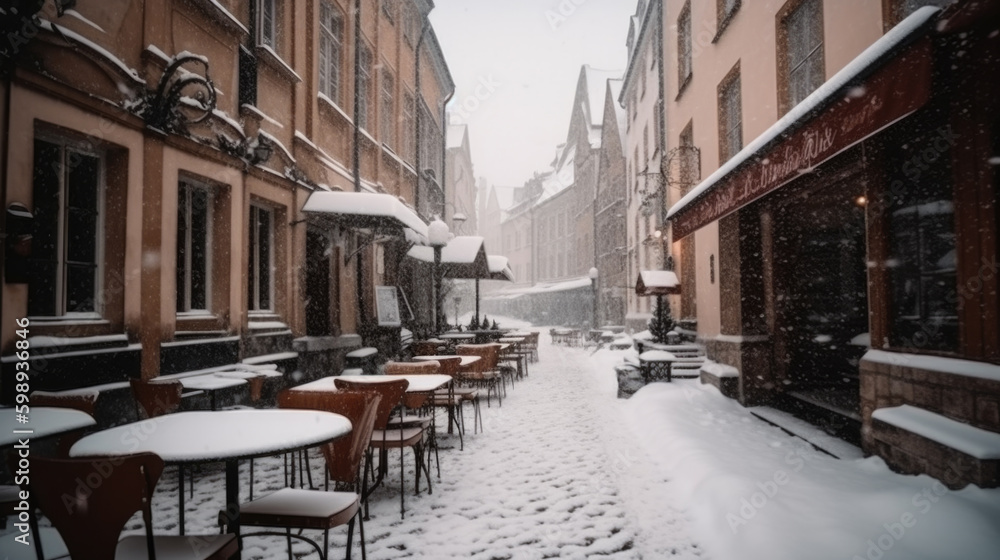 snow-covered tables of restaurants on a street. Generative AI