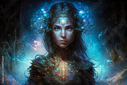 Portrait of an ancient goddess, priestess or sorceress. Created with Generative AI technology.