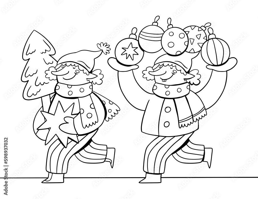 Christmas illustration with two elfs. Holiday outline illustration for coloring book. Christmas card. New year symbol. Christmas illustration with two elfs. Holiday outline illustration for coloring book. Christmas card. New year symbol.