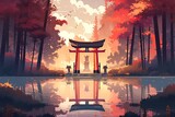 A painting of a tori tori gate in the middle of a forest. AI generative.