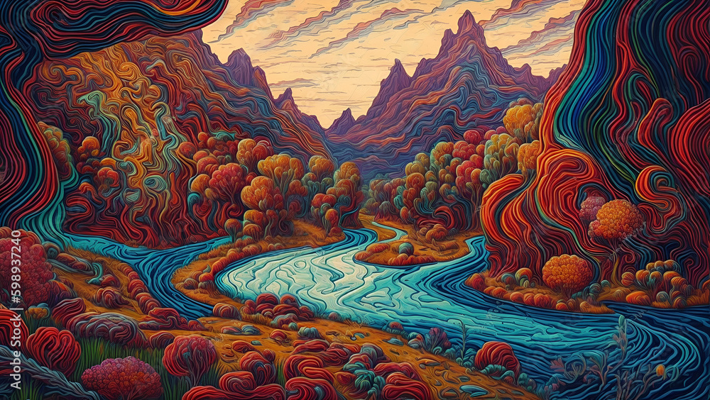 Colorful painting with a river flowing through it, super intricate ...