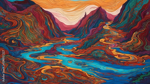 Colorful painting with a river flowing through it, super intricate psychedelic landscape style, detailed and colorful illustrations. AI generated