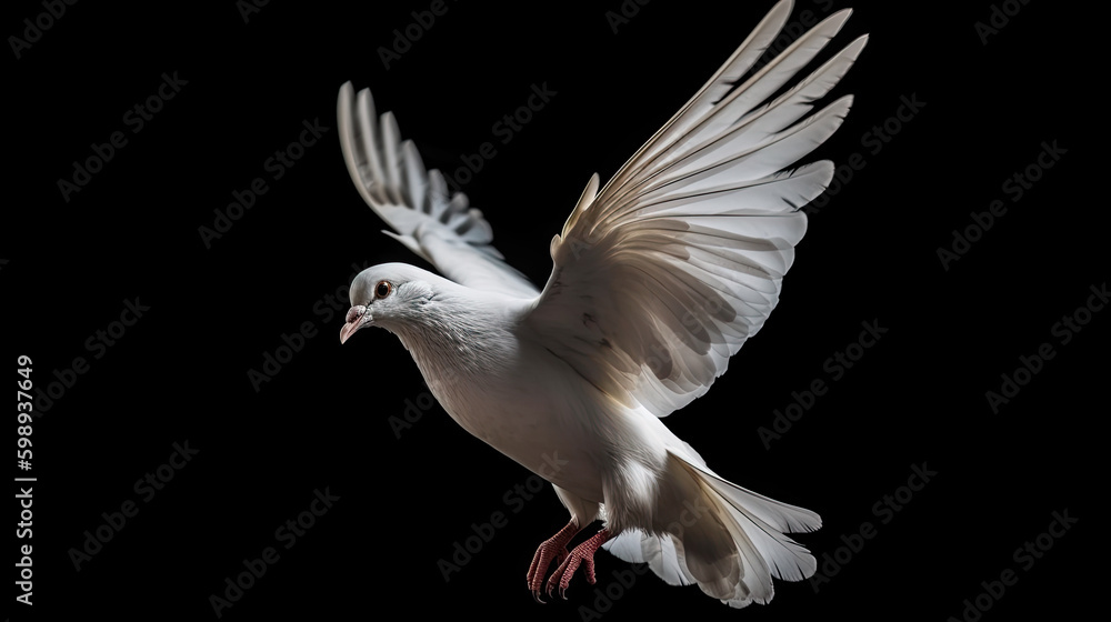 Obraz premium A white dove in flight isolated on black background. Generative AI
