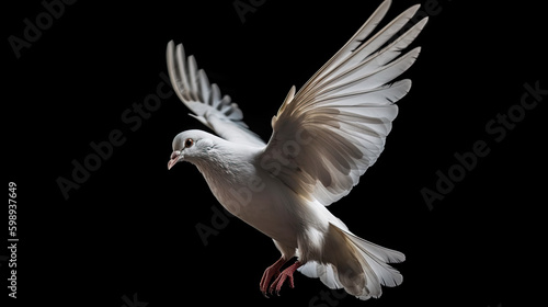 A white dove in flight isolated on black background. Generative AI