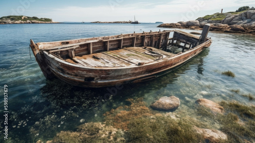 an old boat wreck lies on the shore. Generative AI