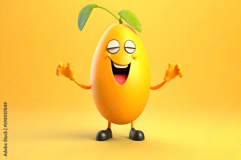 Cheerful cartoon mango character with cute smile. Sweet mango fruit, happy funny food personage. Healthy food concept. Generative AI. Cheerful cartoon mango character with cute smile. Sweet mango fruit, happy funny food personage. Healthy food concept. Generative AI.