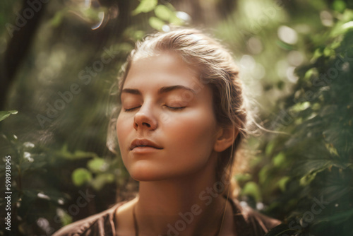 Deep meditating young woman in nature. Created with Generative AI technology.
