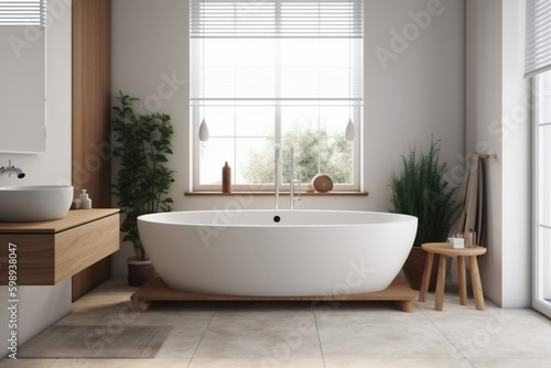 bathroom white architecture apartment luxury modern interior bathtub wood house home. Generative AI. Generative AI