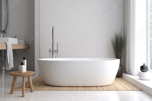 interior bathtub home wood bathroom modern house architecture indoor white luxury. Generative AI. Generative AI