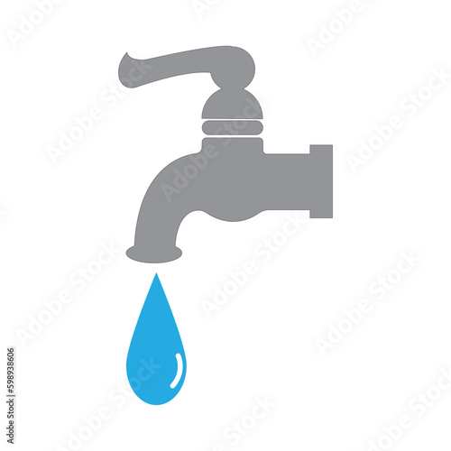 Water tap with falling drop isolated on white background. Water faucet in cartoon flat style.