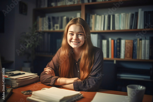 A smiling student girl preparing for exams at her desk at home. Created with Generative AI technology.