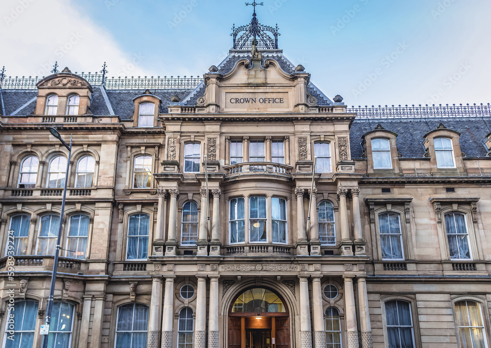 Facade of Crown Office building, Chambers Street in Edinburgh city, Scotland