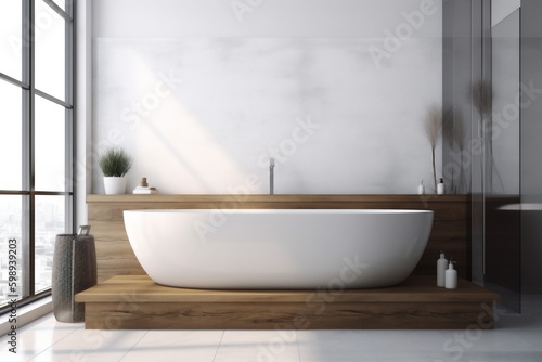 wood interior home white indoor house architecture modern bathroom luxury bathtub. Generative AI. Generative AI