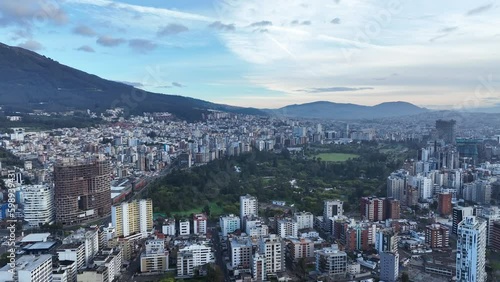 Parque La Carolina (Carolina Park) in the middle of the city Quito in Ecuador - Aerial 4K drone video footage 