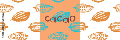 Confectionery banner with cocoa beans seamless pattern. Vector hand drawn Cacao beans background for chocolate packaging ornament or powder. Cocoa plant illustration label design. Organic cacao butter